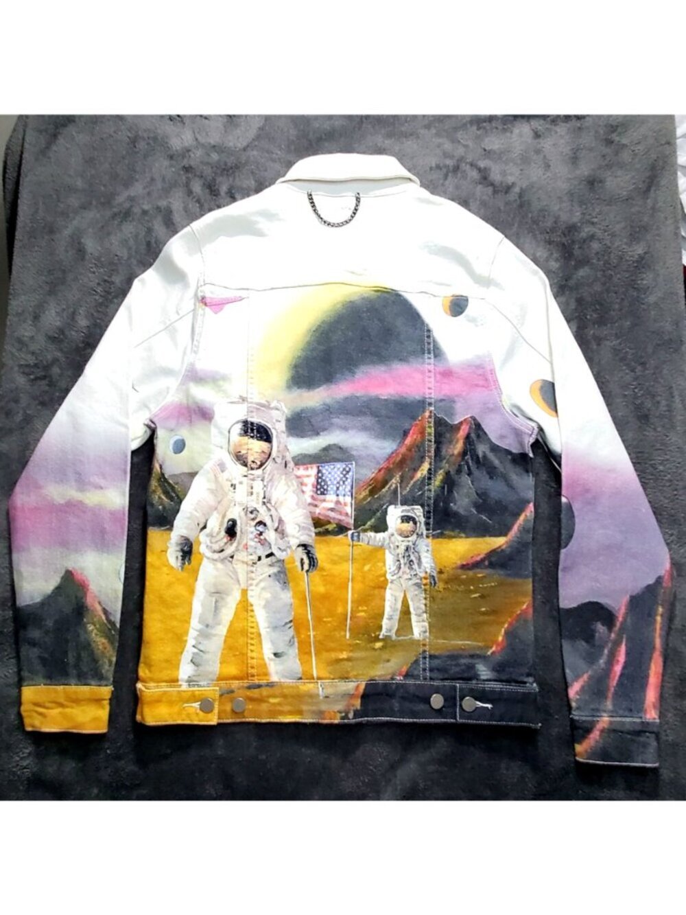 Lifted Anchors Medium "Wonderland" Astronaut Space Galaxy Printed Denim Jacket - Picture 2 of 10